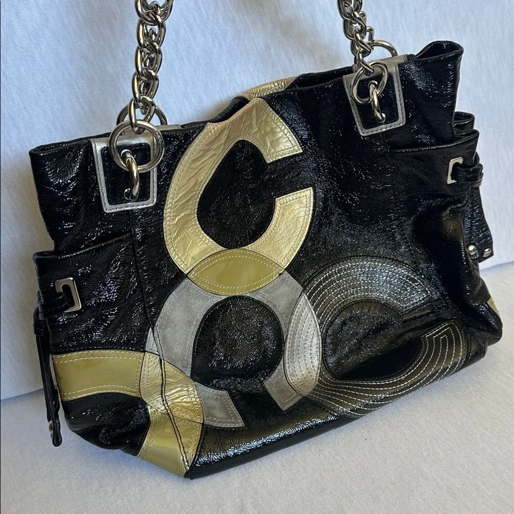 Coach Vintage “C” Signature Inlaid Black Gray Gold Patent Leather Peyton Tote